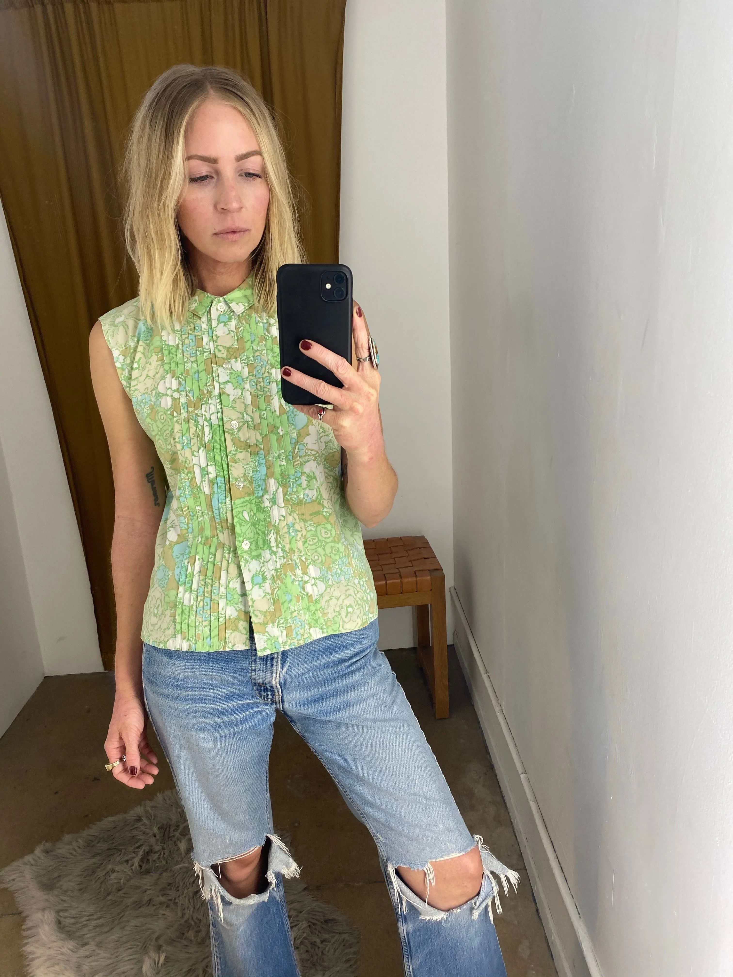 1960's PASTEL FLORAL PLEATED TOP / SMALL