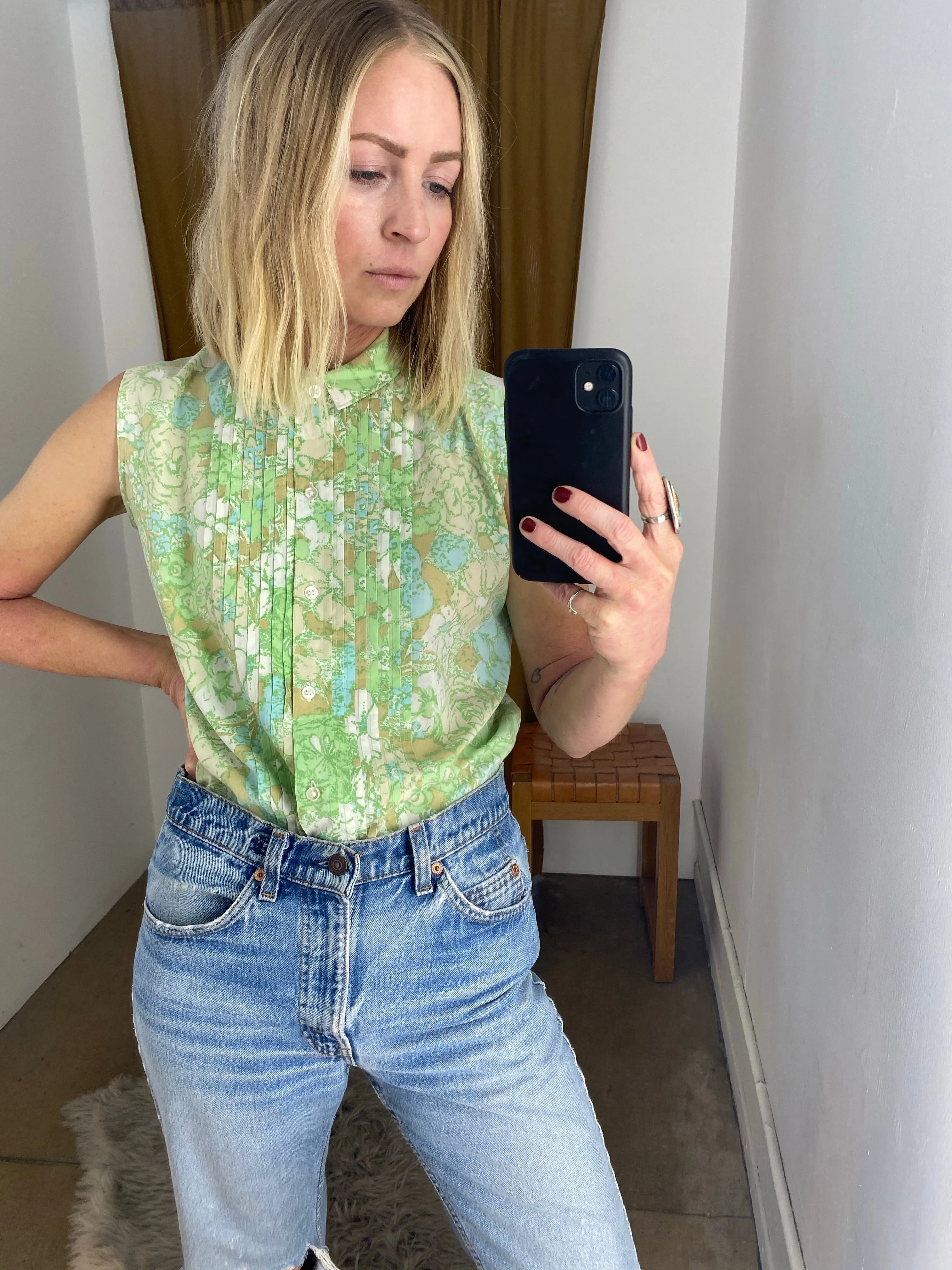 1960's PASTEL FLORAL PLEATED TOP / SMALL