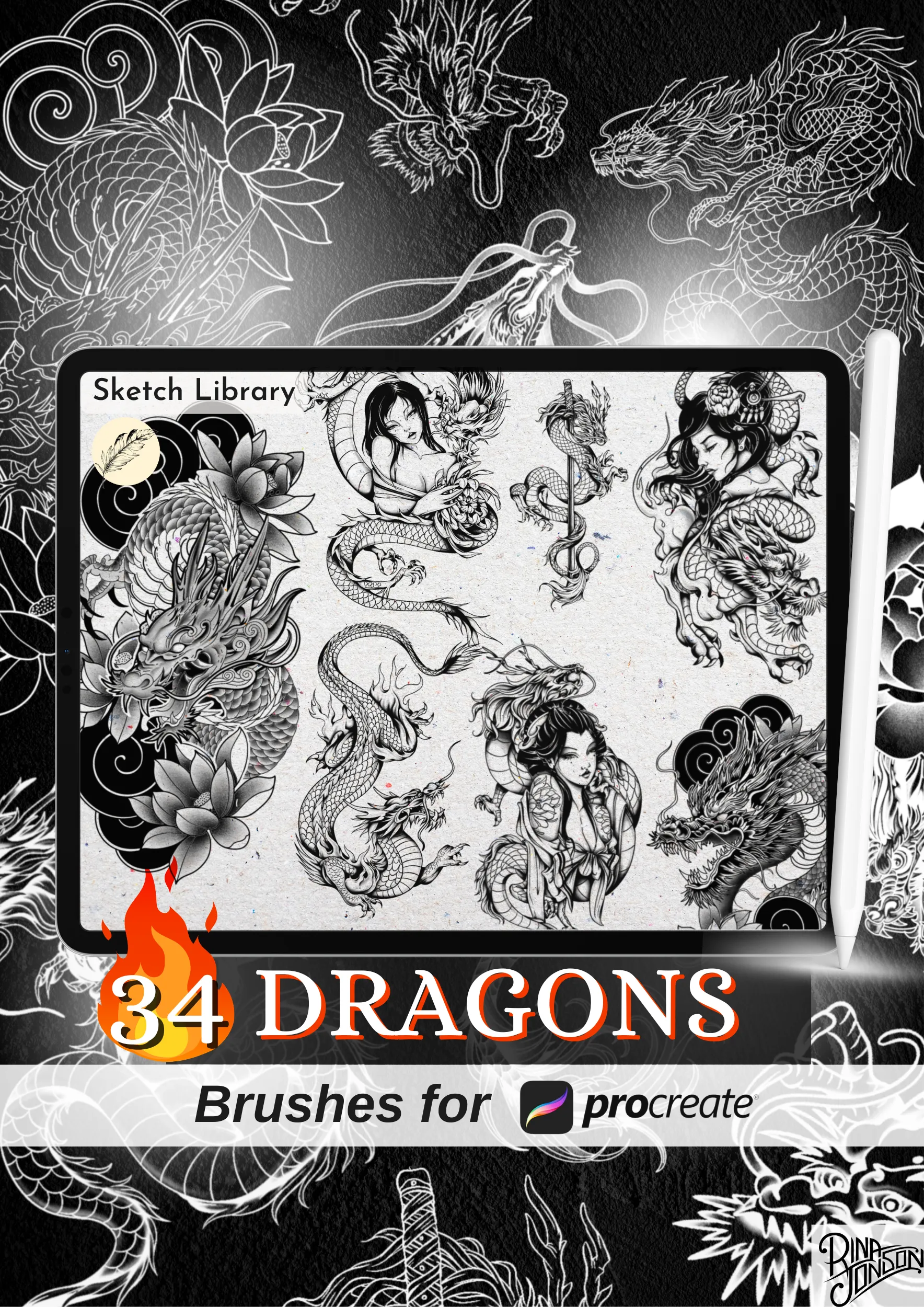 34 DRAGONS brushes for procreate, for Ipad and Ipad pro, Tattoo stamps, stencil, brushset