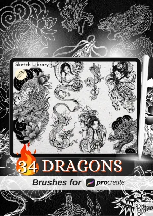 34 DRAGONS brushes for procreate, for Ipad and Ipad pro, Tattoo stamps, stencil, brushset