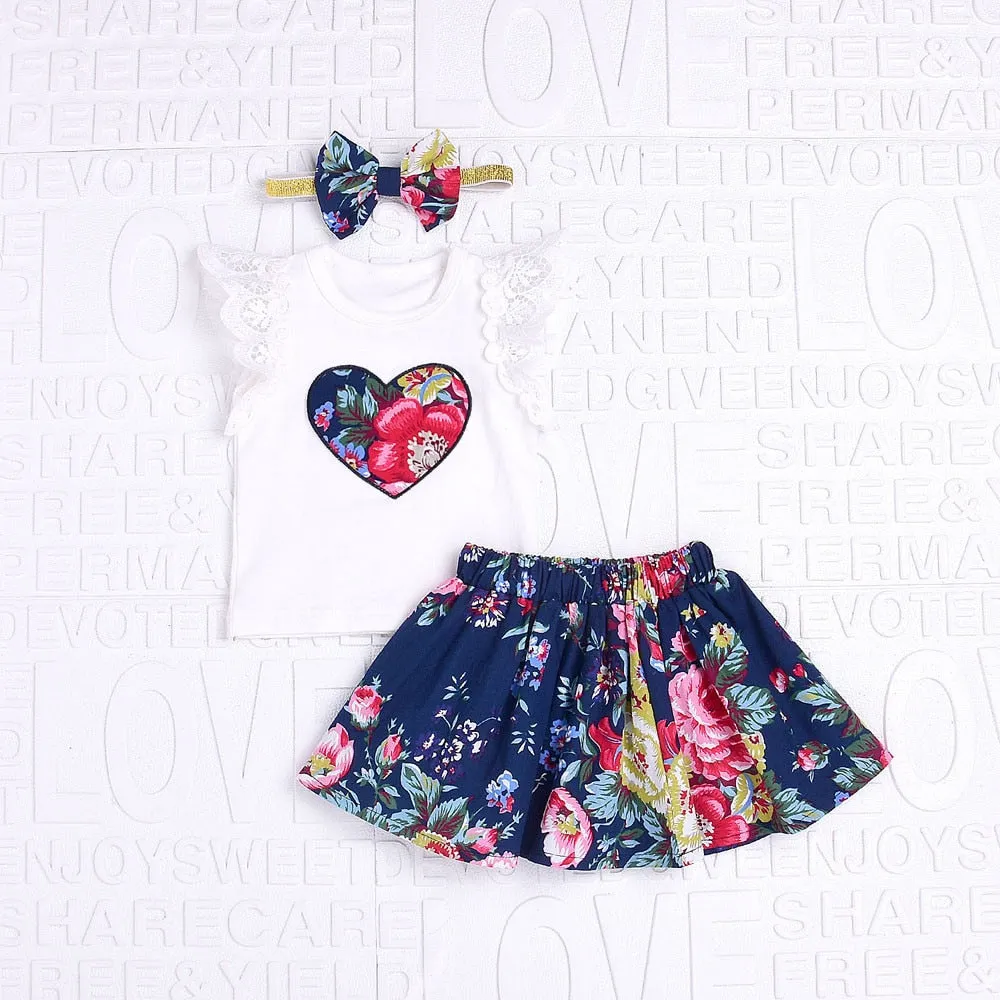 3Pcs Baby Girl Clothes Floral Print Lace Tops Print Skirt  Bow HeadbandsClothes Outfits Set