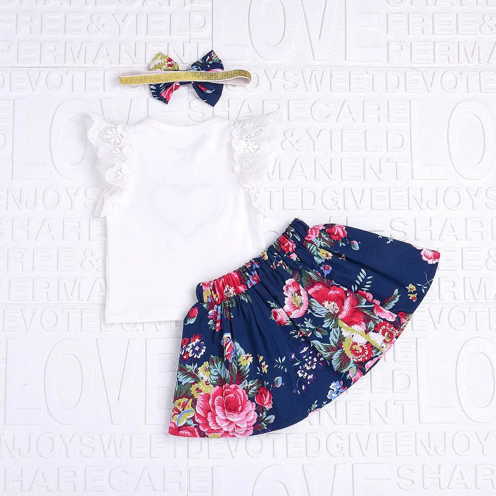 3Pcs Baby Girl Clothes Floral Print Lace Tops Print Skirt  Bow HeadbandsClothes Outfits Set