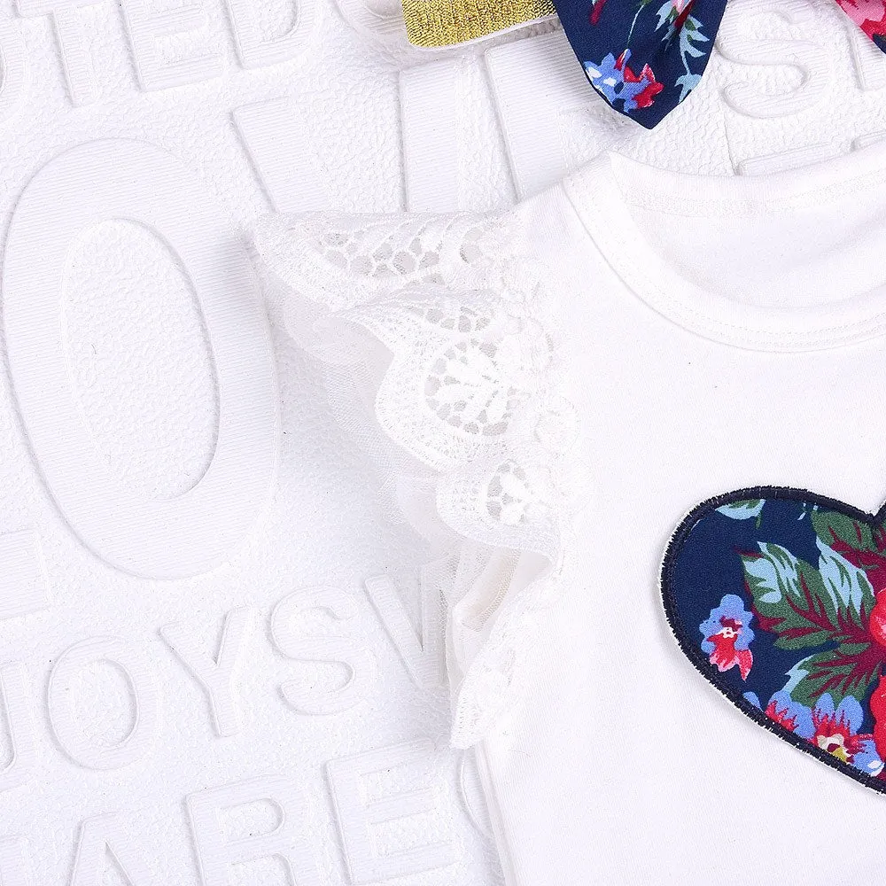 3Pcs Baby Girl Clothes Floral Print Lace Tops Print Skirt  Bow HeadbandsClothes Outfits Set