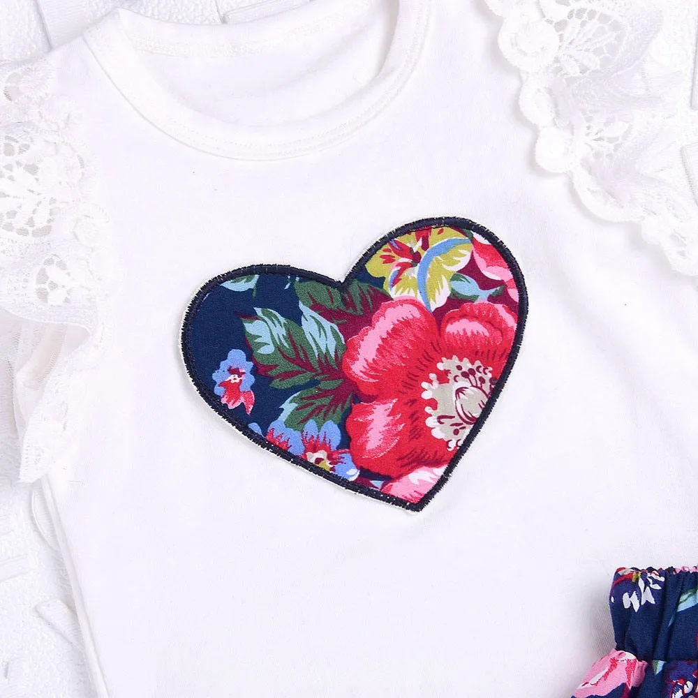3Pcs Baby Girl Clothes Floral Print Lace Tops Print Skirt  Bow HeadbandsClothes Outfits Set