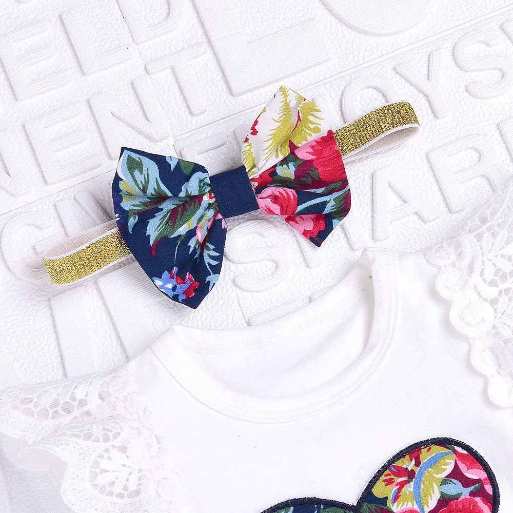 3Pcs Baby Girl Clothes Floral Print Lace Tops Print Skirt  Bow HeadbandsClothes Outfits Set