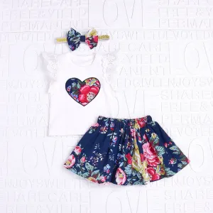 3Pcs Baby Girl Clothes Floral Print Lace Tops Print Skirt  Bow HeadbandsClothes Outfits Set