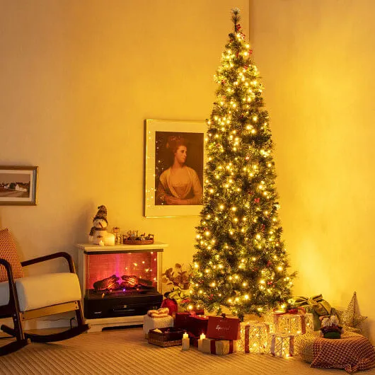 5/6/7/8/9 FT Pre-Lit Artificial Hinged Slim Pencil Christmas Tree-8 ft - Color: