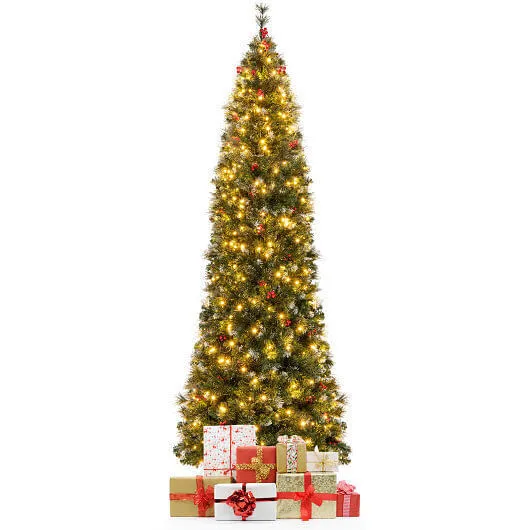 5/6/7/8/9 FT Pre-Lit Artificial Hinged Slim Pencil Christmas Tree-8 ft - Color: