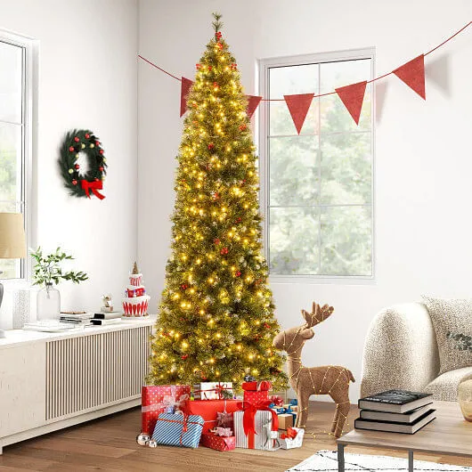 5/6/7/8/9 FT Pre-Lit Artificial Hinged Slim Pencil Christmas Tree-8 ft - Color: