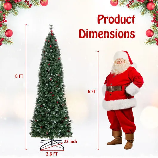 5/6/7/8/9 FT Pre-Lit Artificial Hinged Slim Pencil Christmas Tree-8 ft - Color: