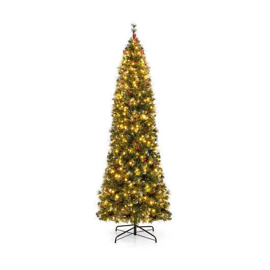 5/6/7/8/9 FT Pre-Lit Artificial Hinged Slim Pencil Christmas Tree-8 ft - Color: