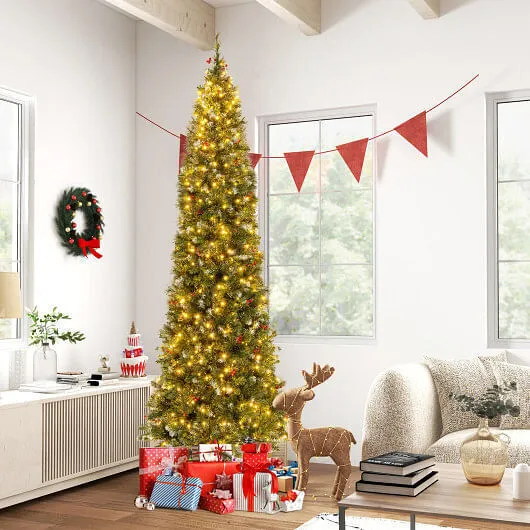 5/6/7/8/9 FT Pre-Lit Artificial Hinged Slim Pencil Christmas Tree-9 ft - Color: