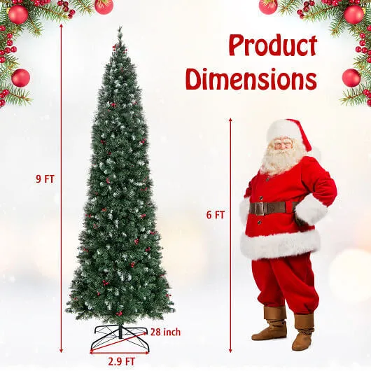 5/6/7/8/9 FT Pre-Lit Artificial Hinged Slim Pencil Christmas Tree-9 ft - Color: