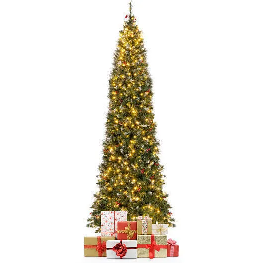 5/6/7/8/9 FT Pre-Lit Artificial Hinged Slim Pencil Christmas Tree-9 ft - Color:
