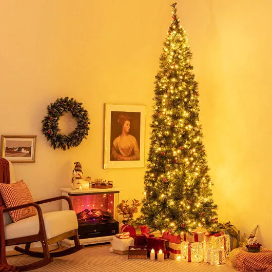 5/6/7/8/9 FT Pre-Lit Artificial Hinged Slim Pencil Christmas Tree-9 ft - Color: