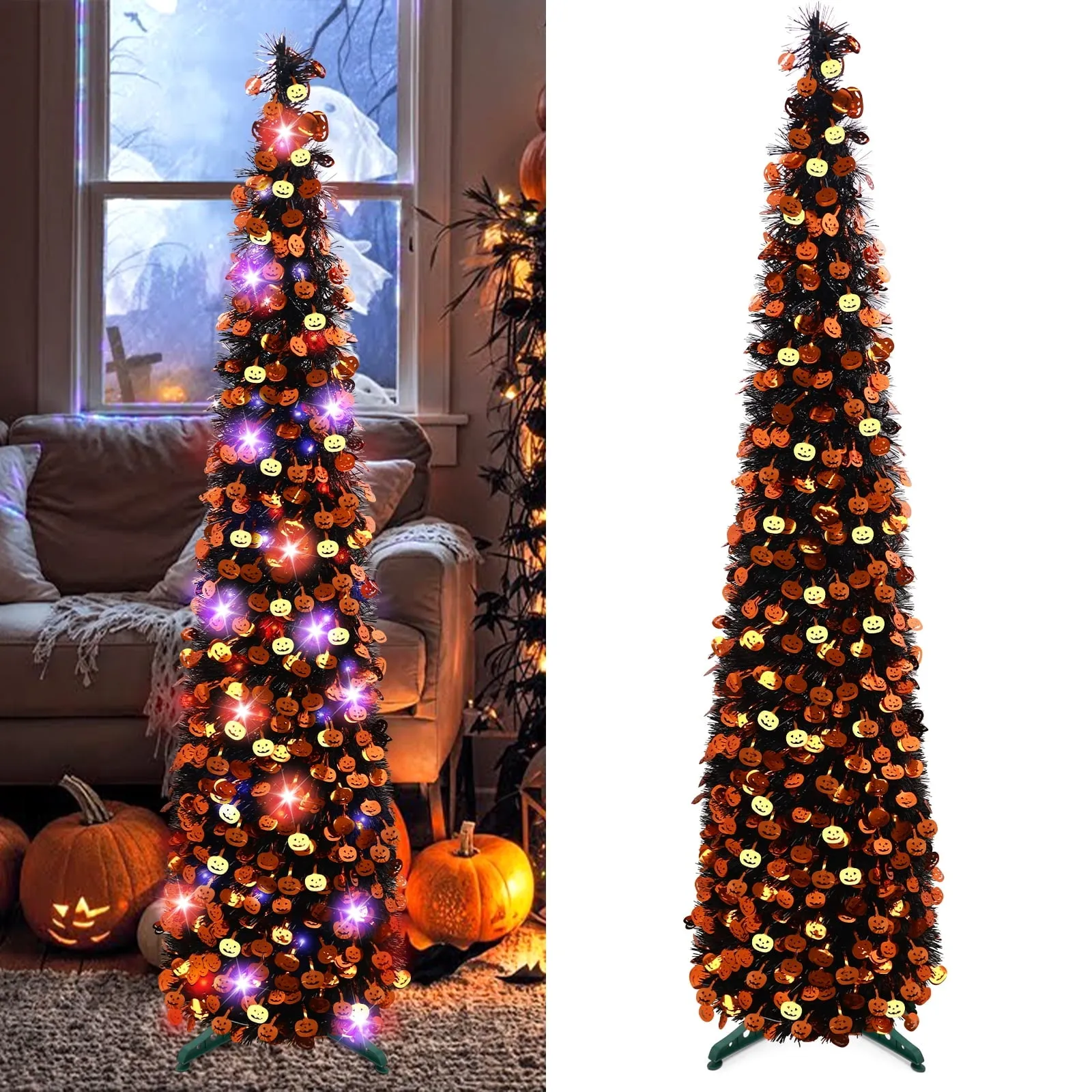 5ft Halloween Tree Prelit, Pencil Pop up Tree with Light Halloween Decoration | Indoor | Black