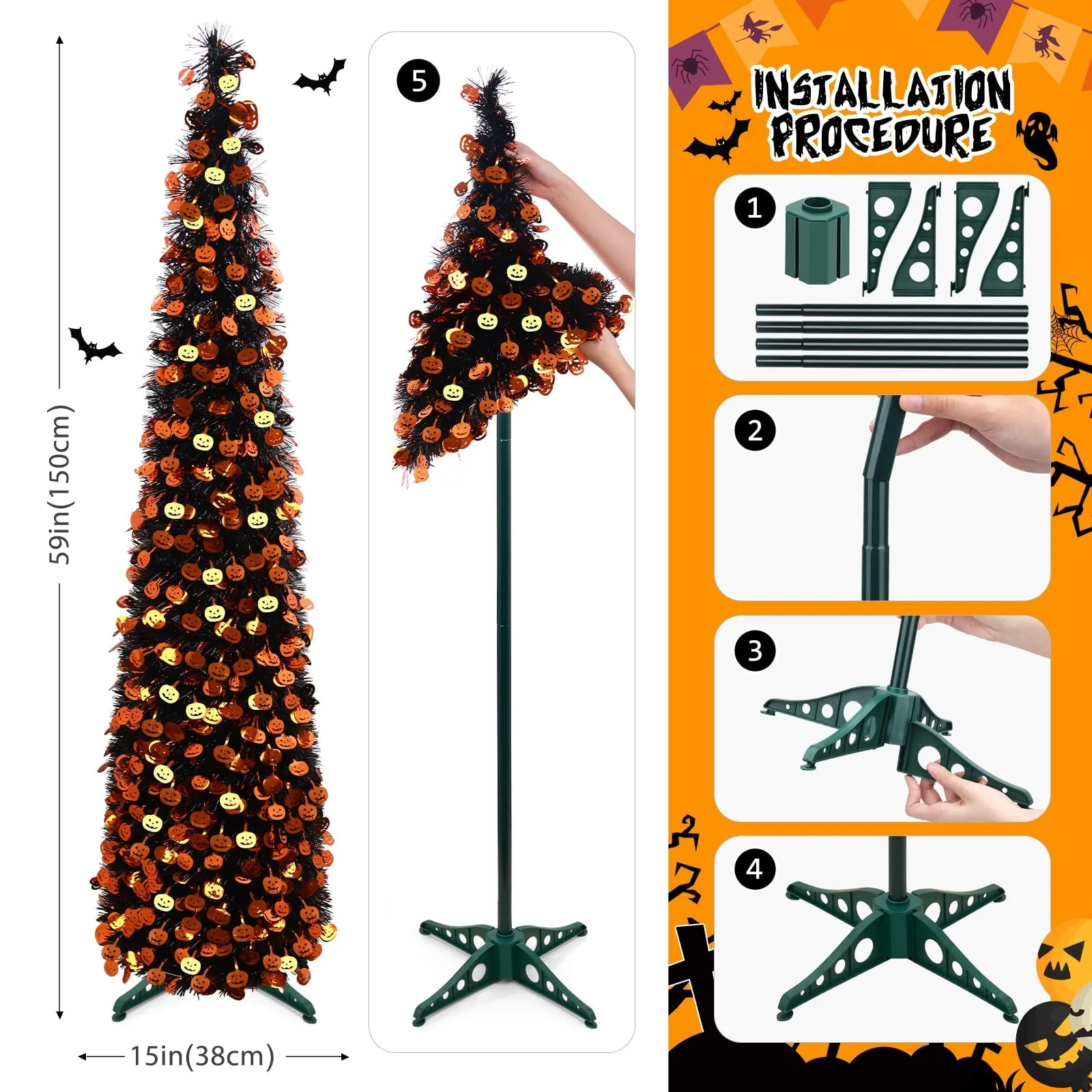 5ft Halloween Tree Prelit, Pencil Pop up Tree with Light Halloween Decoration | Indoor | Black