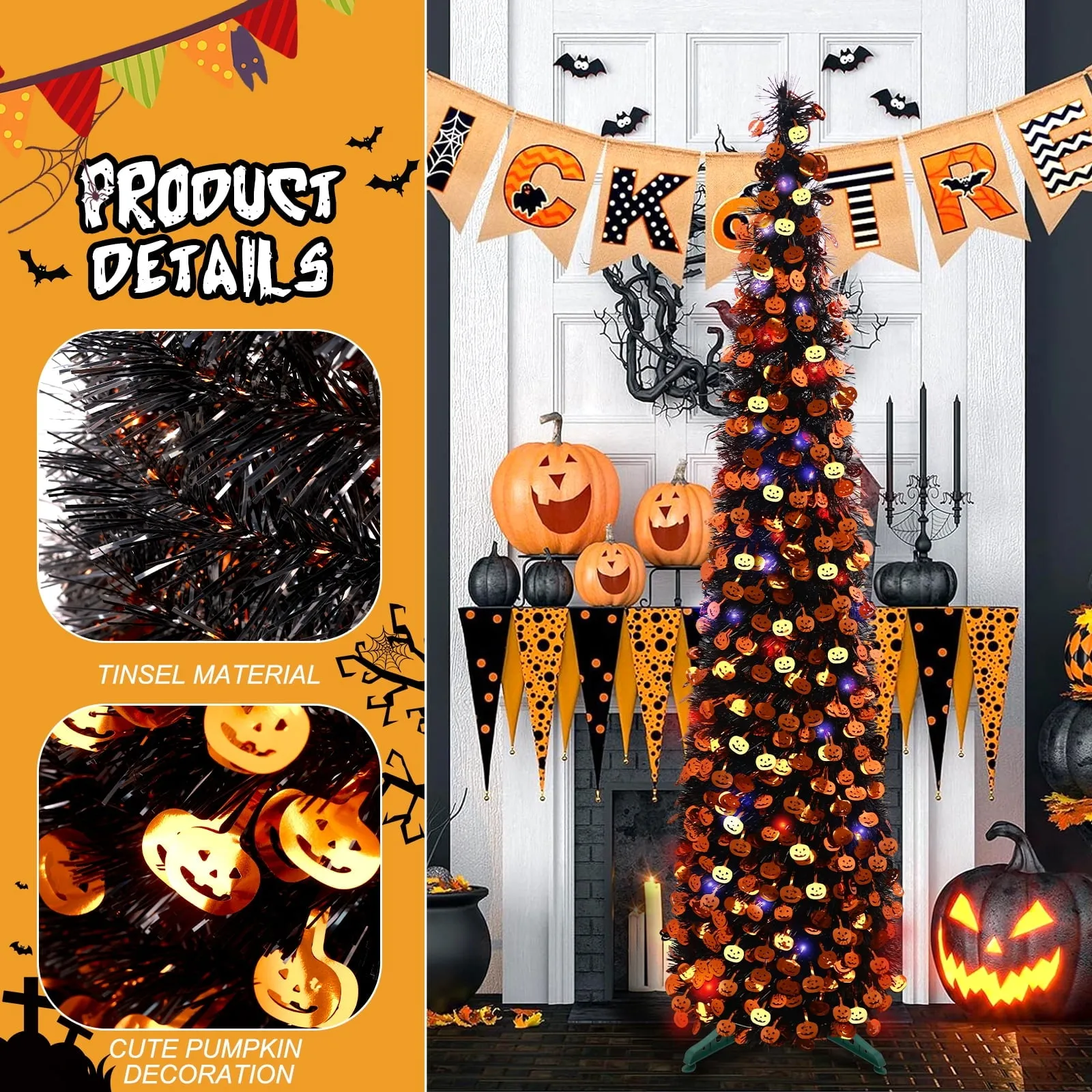 5ft Halloween Tree Prelit, Pencil Pop up Tree with Light Halloween Decoration | Indoor | Black