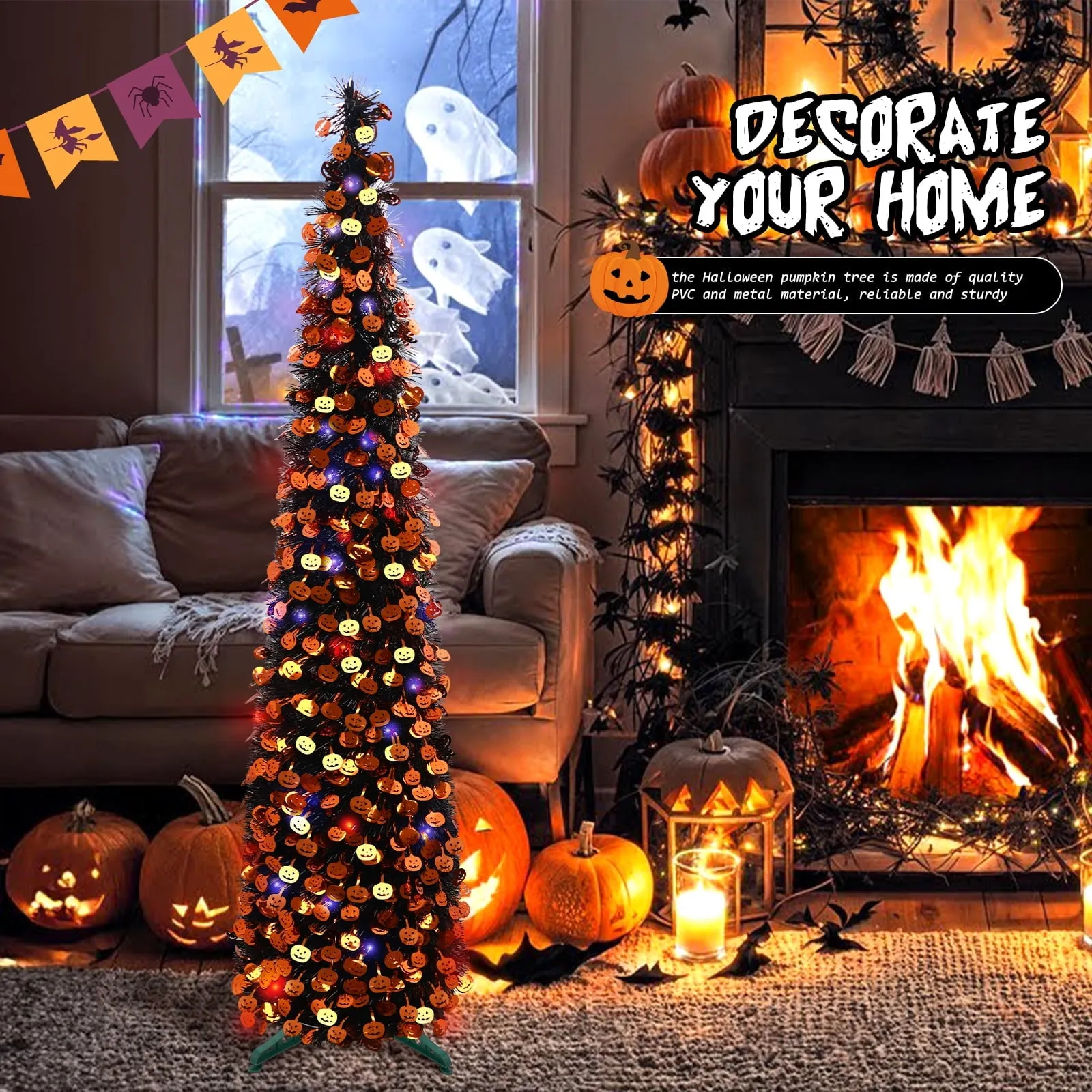 5ft Halloween Tree Prelit, Pencil Pop up Tree with Light Halloween Decoration | Indoor | Black