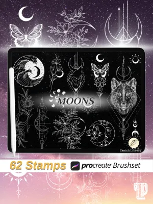 62 Moons brushes for procreate, TATTOO stamps,  flash, Ipad pro, snake, peony, spiritual, ornaments, lotus, small commercial license,