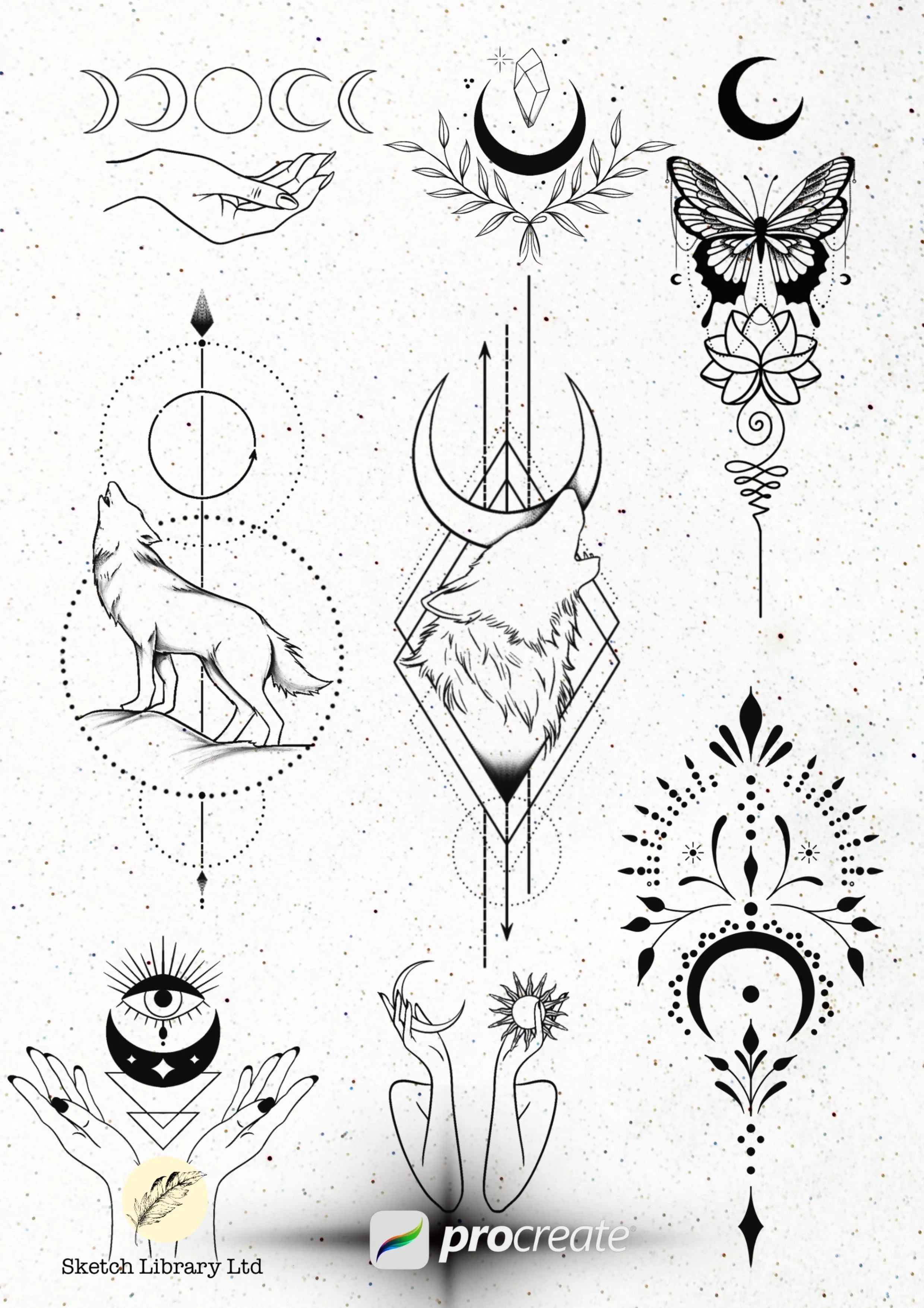 62 Moons brushes for procreate, TATTOO stamps,  flash, Ipad pro, snake, peony, spiritual, ornaments, lotus, small commercial license,