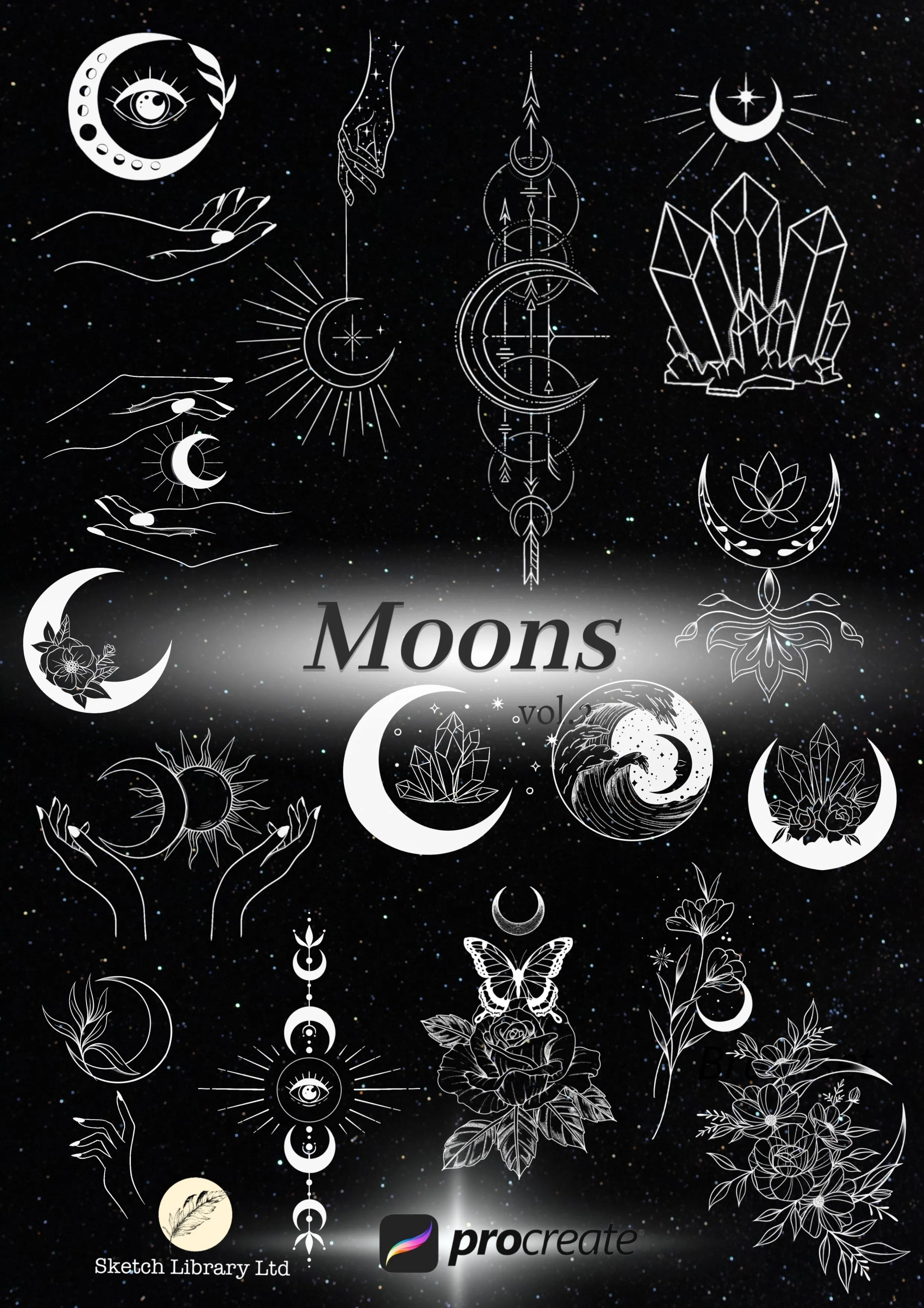 62 Moons brushes for procreate, TATTOO stamps,  flash, Ipad pro, snake, peony, spiritual, ornaments, lotus, small commercial license,