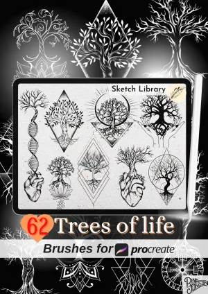 62 Trees of Life vol. 2 Brushes for procreate, for Ipad and Ipad pro, Tattoo stamps,