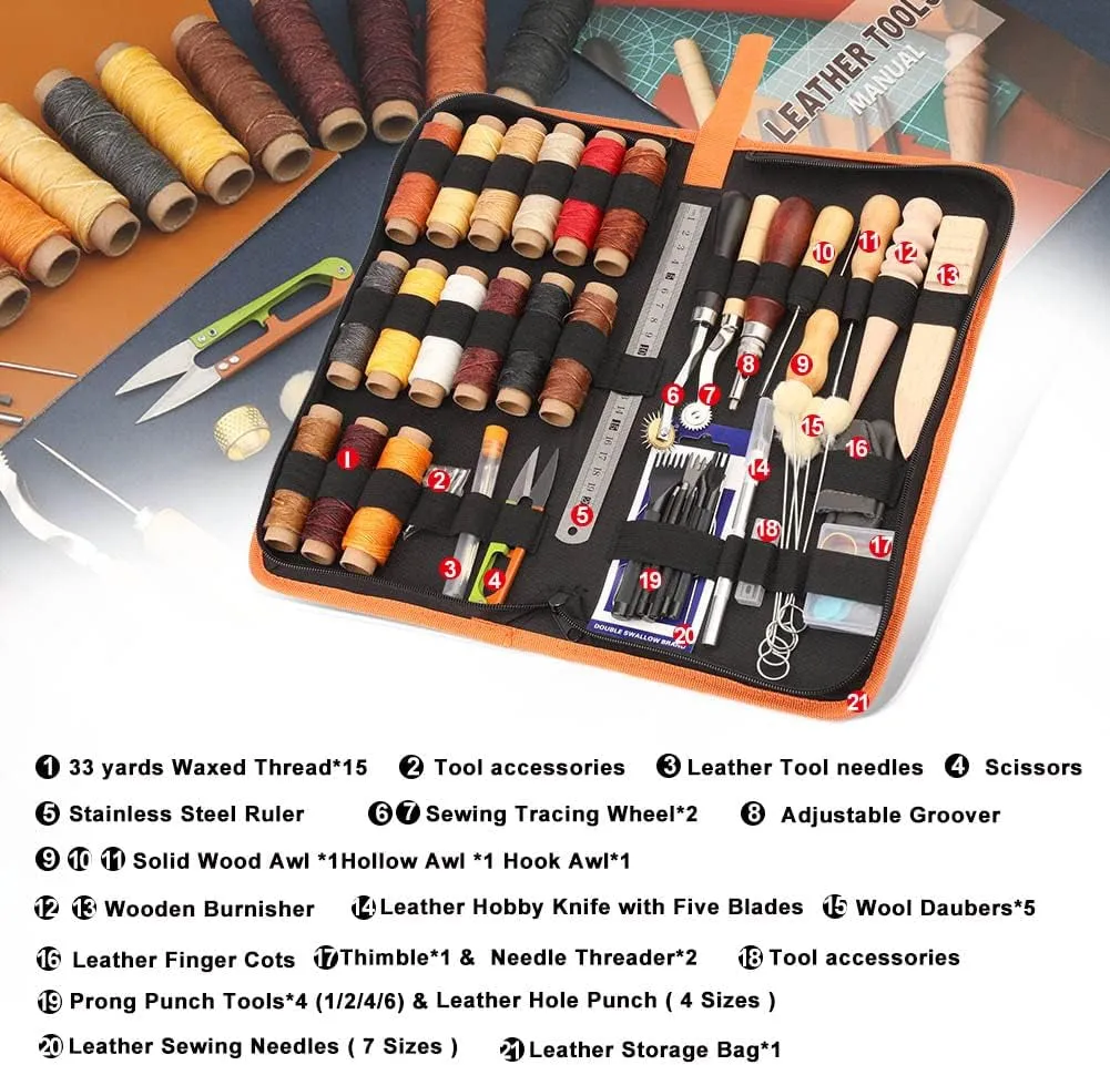 66-piece Leather Working Tools Kit for Beginner or Adults Gifts with Tool Manual