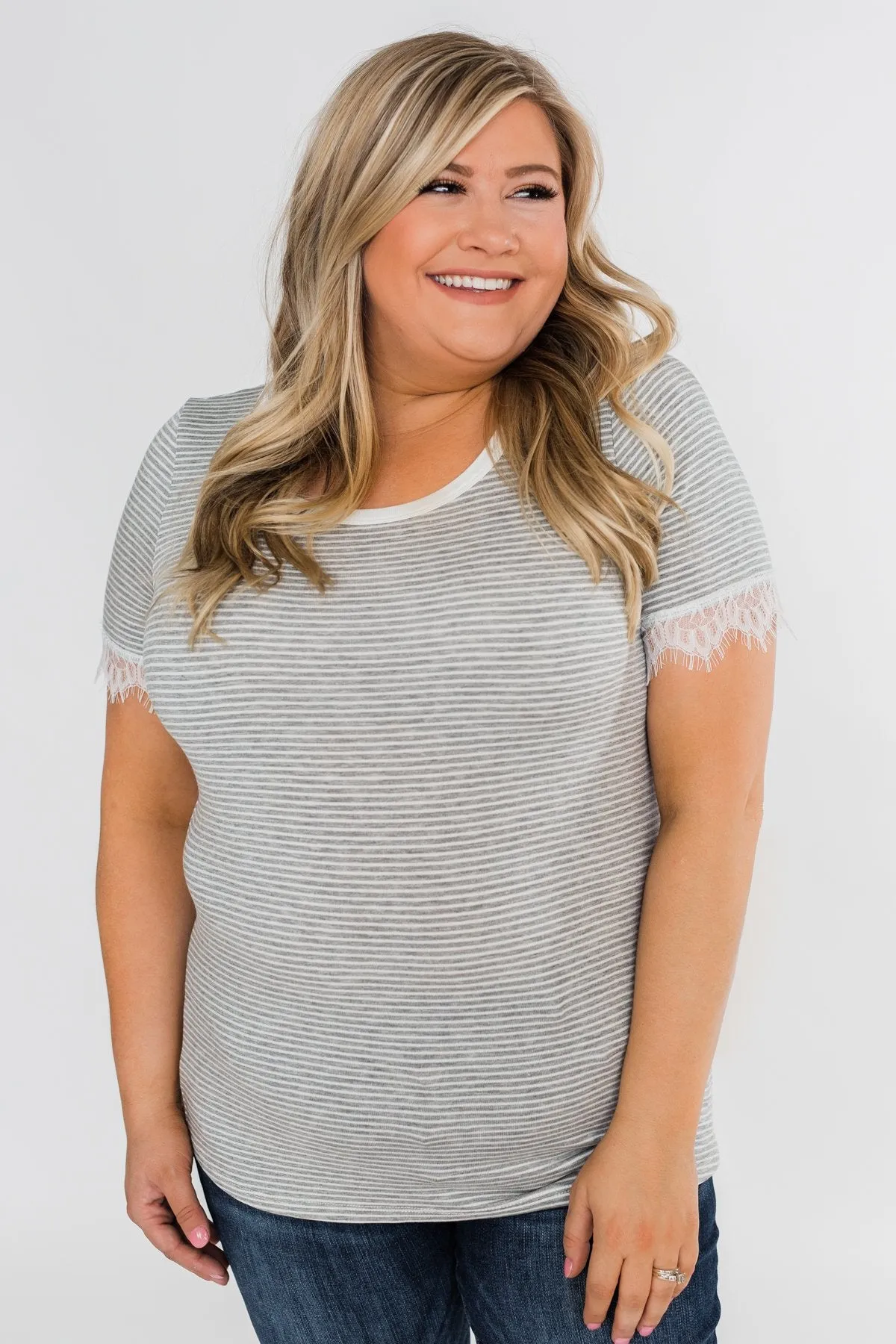 All About the Accents Lace Striped Top- Grey & White