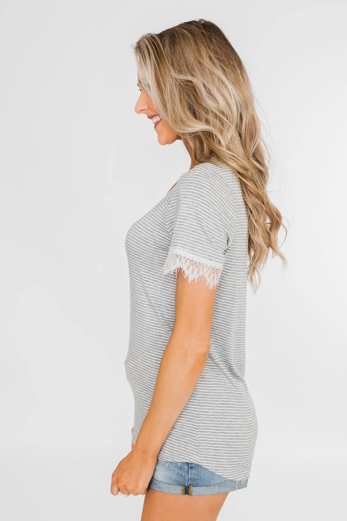 All About the Accents Lace Striped Top- Grey & White