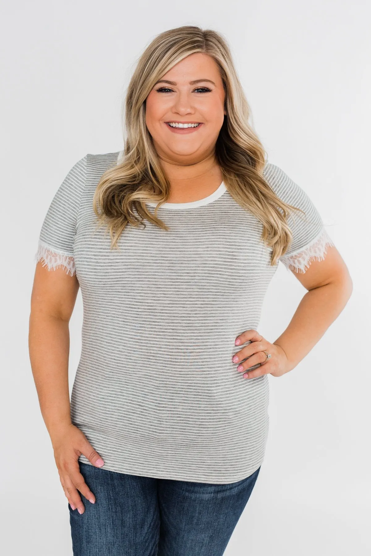All About the Accents Lace Striped Top- Grey & White