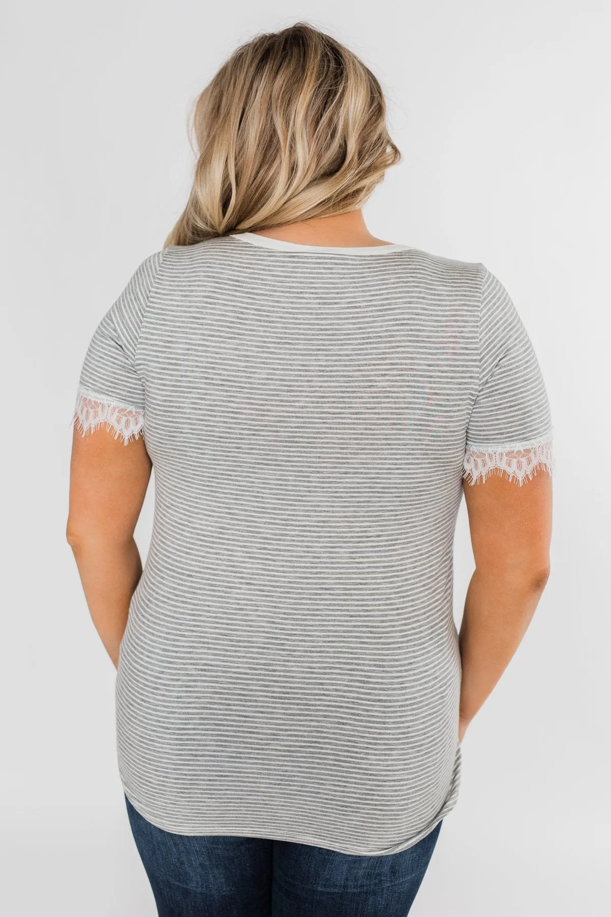 All About the Accents Lace Striped Top- Grey & White