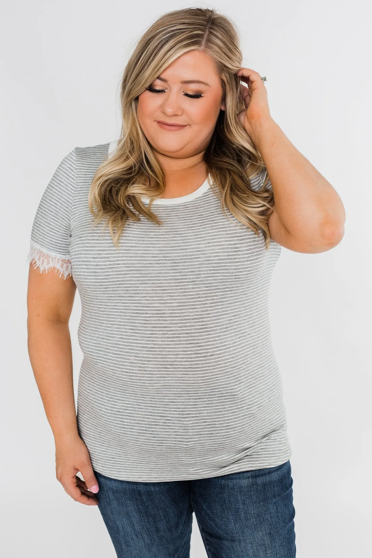 All About the Accents Lace Striped Top- Grey & White