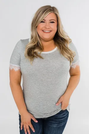 All About the Accents Lace Striped Top- Grey & White