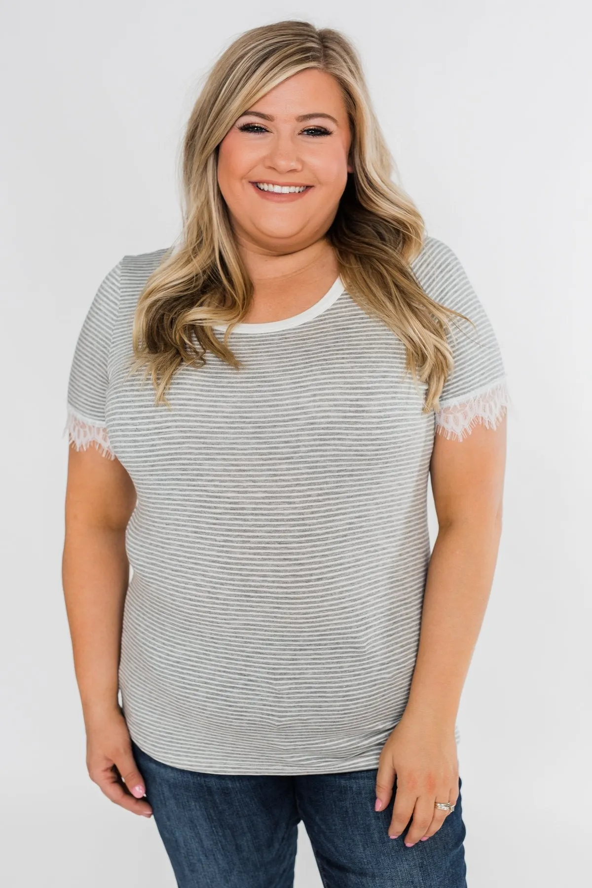 All About the Accents Lace Striped Top- Grey & White