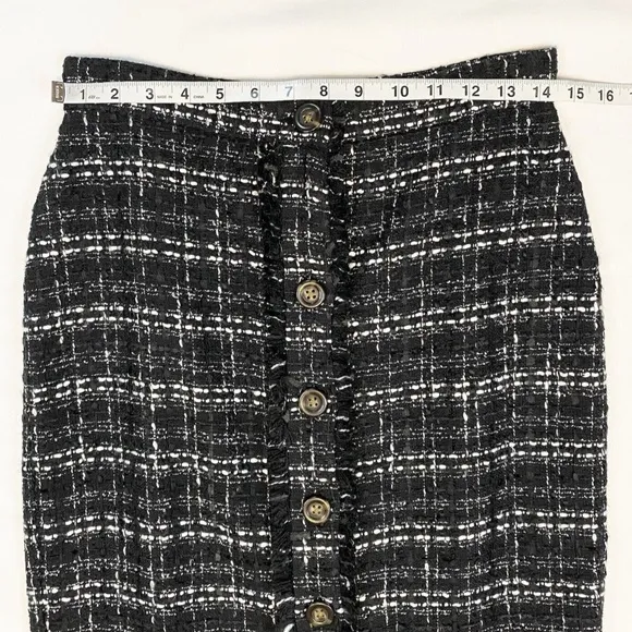 Ann Taylor Tweed Button Front Pencil Skirt Plaid Size 2 Black &amp; White NWT $109