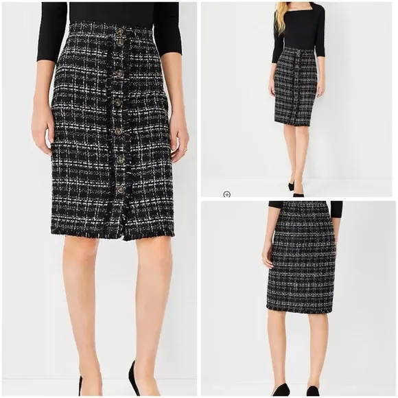 Ann Taylor Tweed Button Front Pencil Skirt Plaid Size 2 Black &amp; White NWT $109