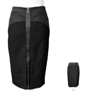 Antonio Melani black satin trim skirt double zipper knee pencil straight work 0