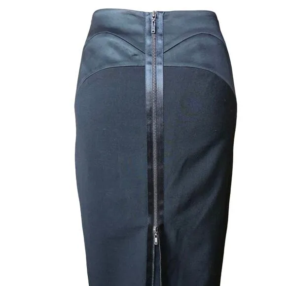 Antonio Melani black satin trim skirt double zipper knee pencil straight work 0