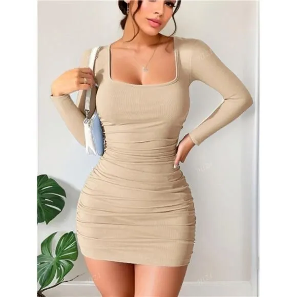 Autumn New Arrival Long Sleeve Ice Silk Dress, Square Neck Pleated Sexy Blue