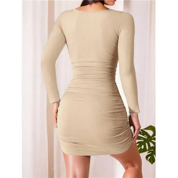 Autumn New Arrival Long Sleeve Ice Silk Dress, Square Neck Pleated Sexy Blue