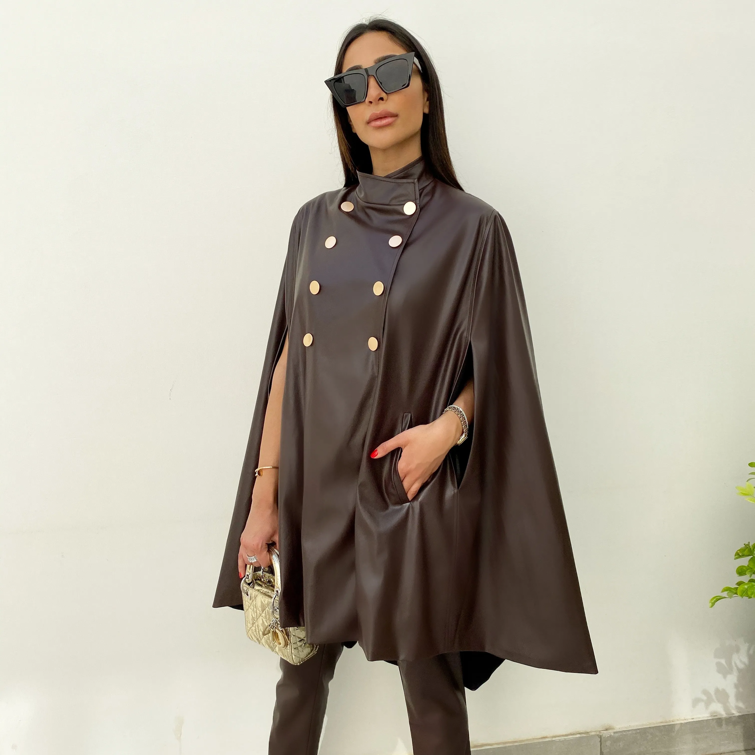 AW19 COFFEE FAUX LEATHER GRADUATED SHORT CAPE
