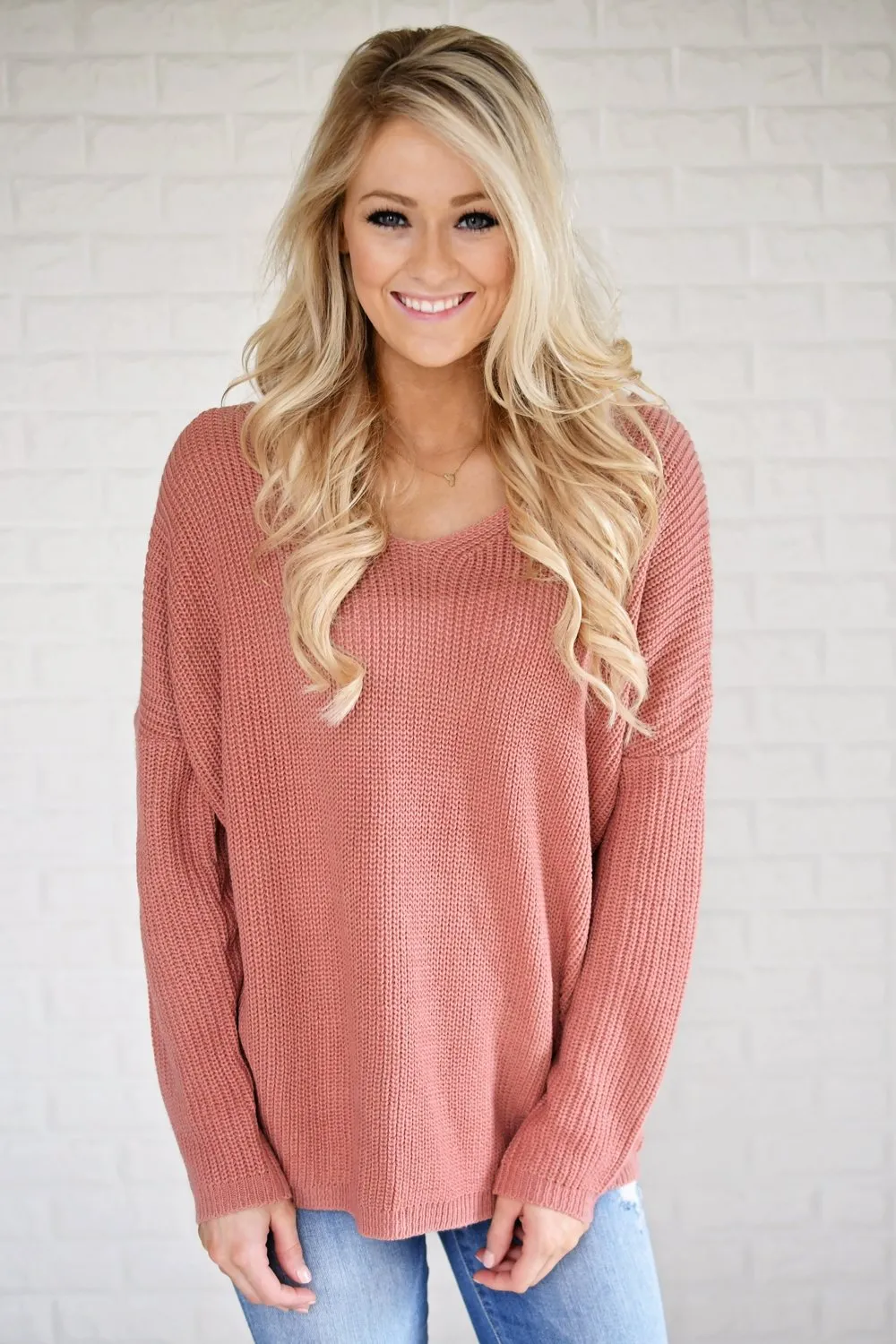 Back Lace Up Sweater ~ Salmon