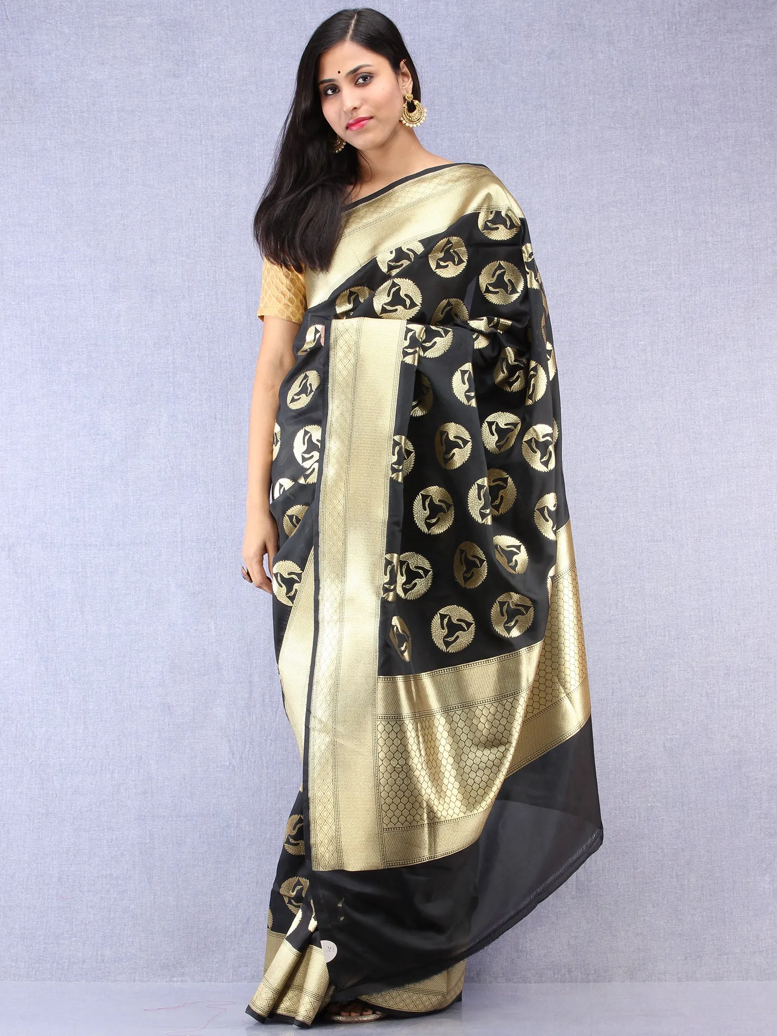 Banarasee Art Silk Saree With Bird Motif - Black & Gold - S031704333