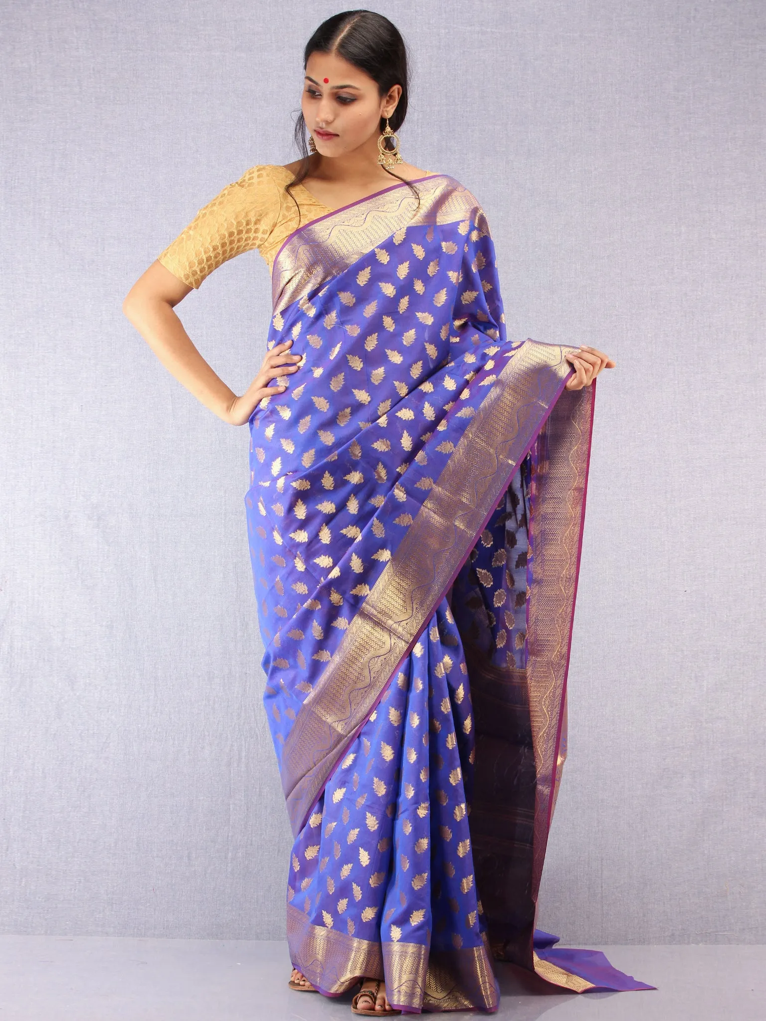 Banarasee Semi Silk Saree With Zari Work - Electric Blue & Gold - S031704368