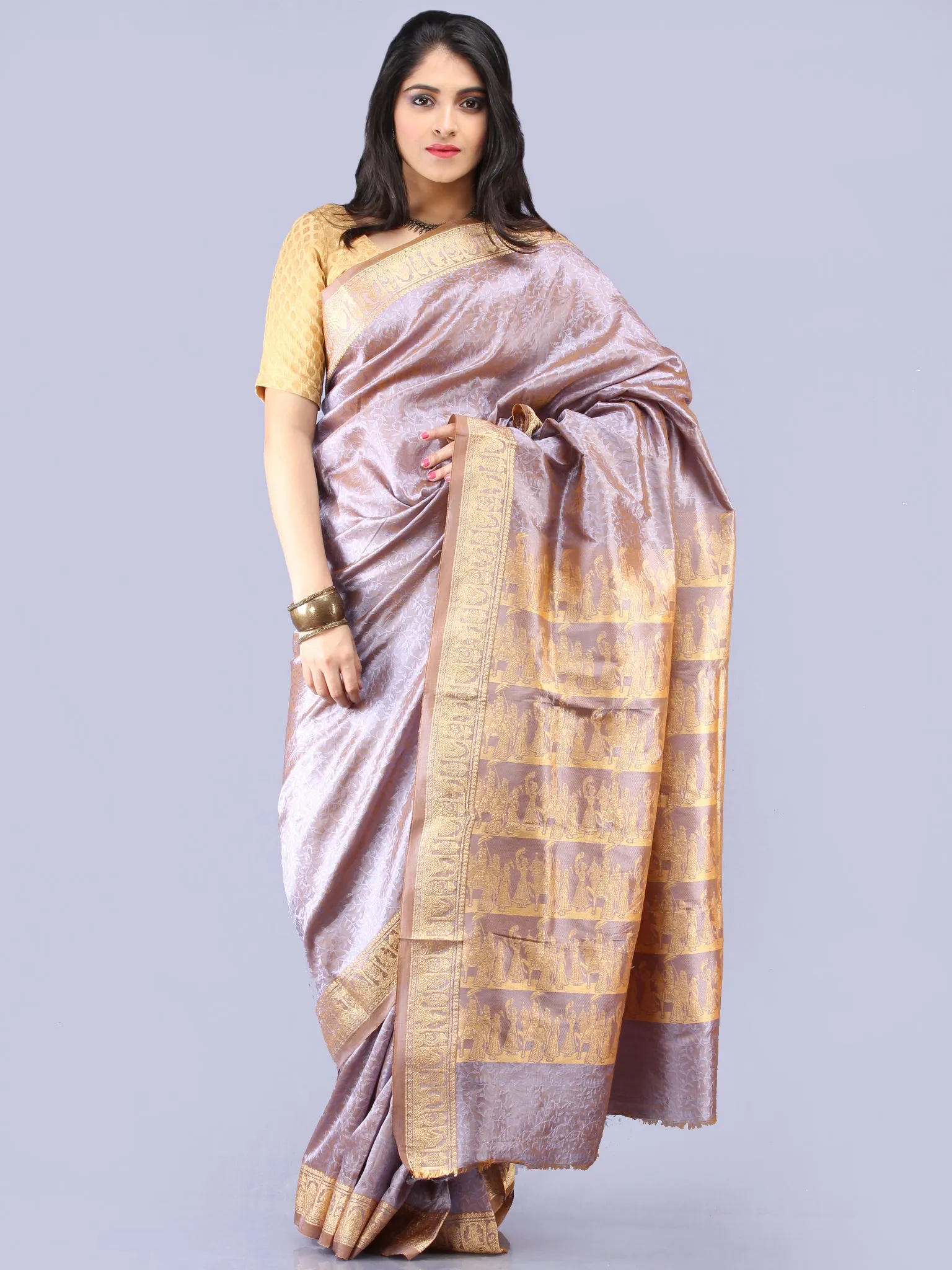 Banarasee Semi Silk Self Weave Saree With Resham Border - Dual Tone Silver & Steel Blue - S031704291