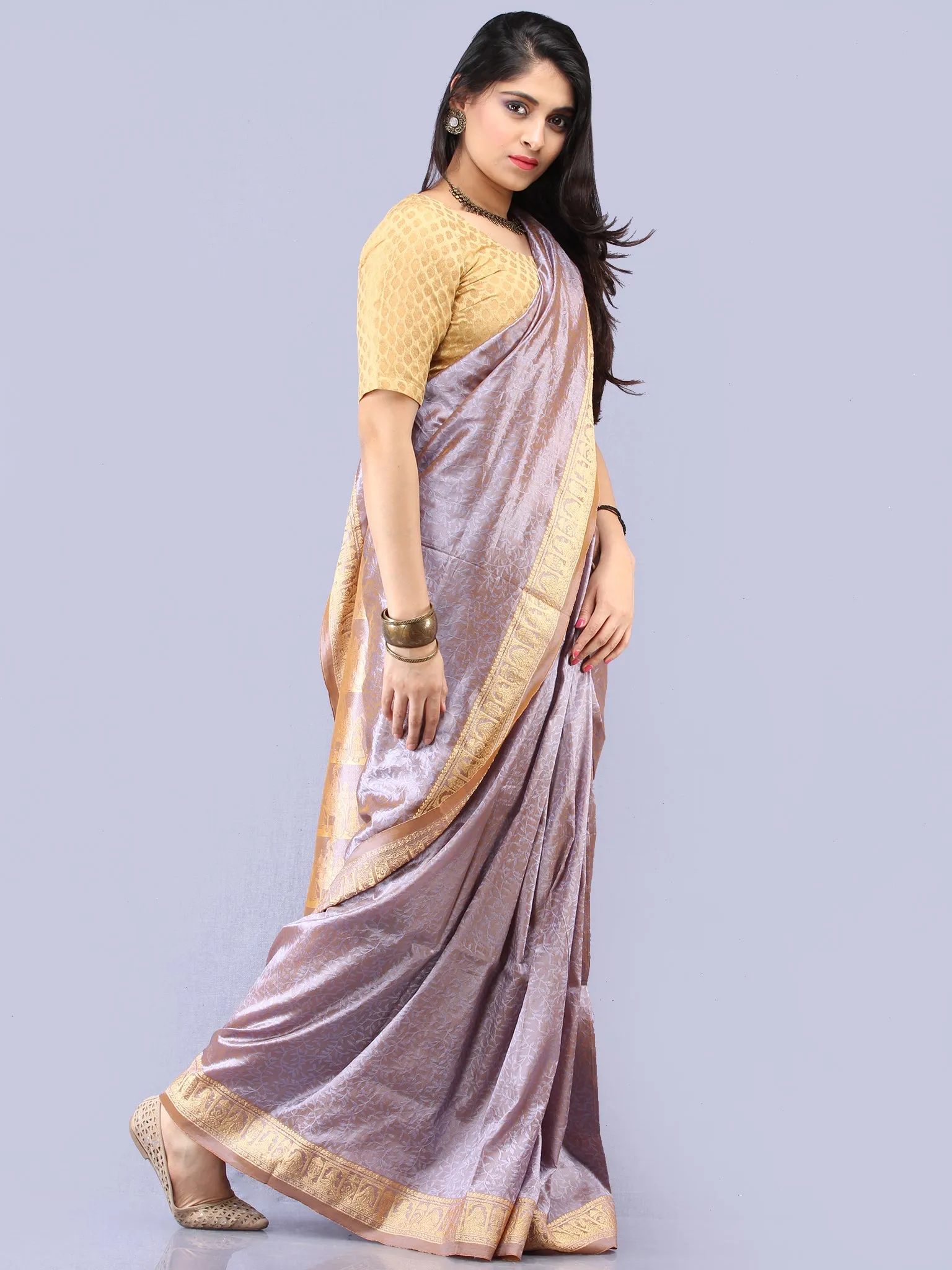 Banarasee Semi Silk Self Weave Saree With Resham Border - Dual Tone Silver & Steel Blue - S031704291