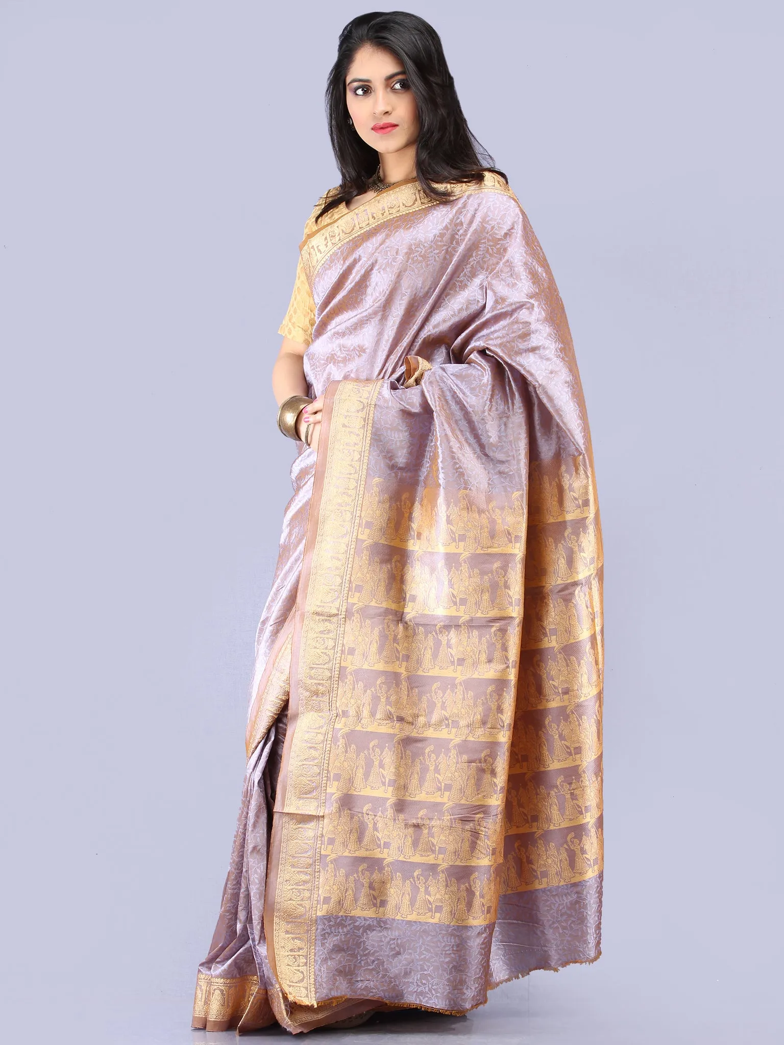 Banarasee Semi Silk Self Weave Saree With Resham Border - Dual Tone Silver & Steel Blue - S031704291