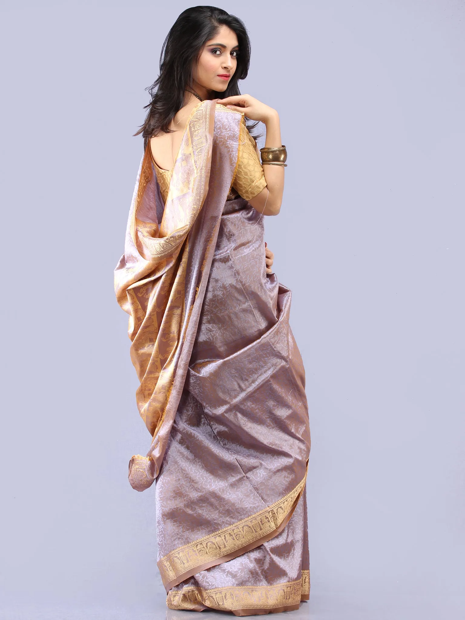 Banarasee Semi Silk Self Weave Saree With Resham Border - Dual Tone Silver & Steel Blue - S031704291