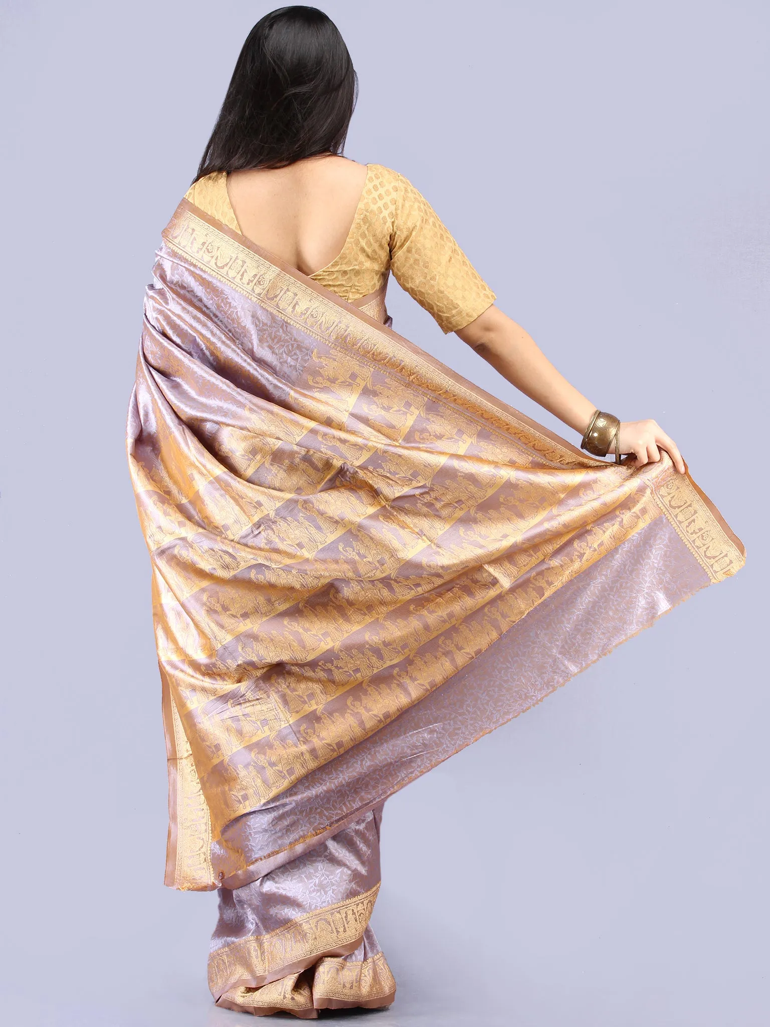Banarasee Semi Silk Self Weave Saree With Resham Border - Dual Tone Silver & Steel Blue - S031704291
